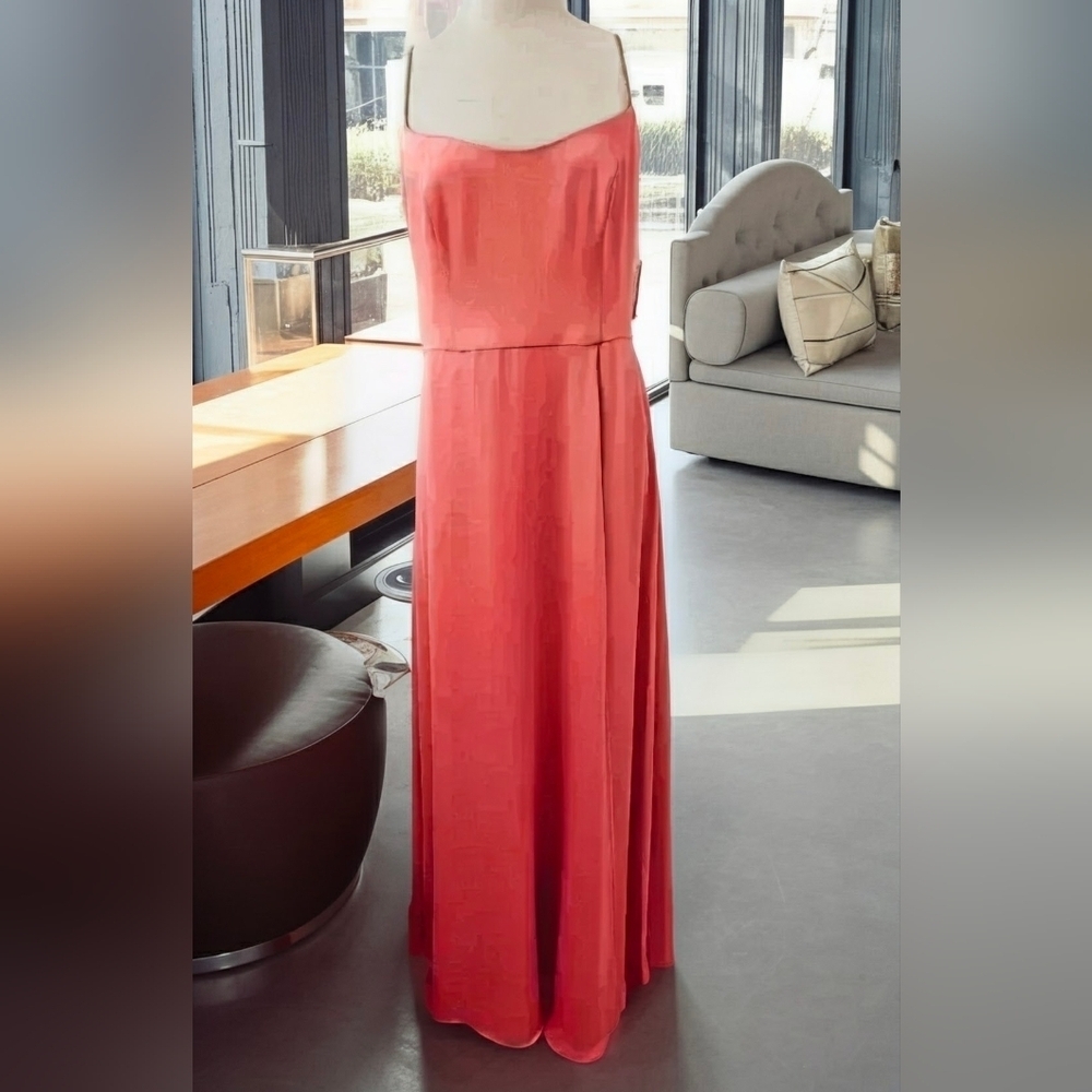 821. David's Bridal  Long Satin Spaghetti Strap Dress Coral Peach Size 10